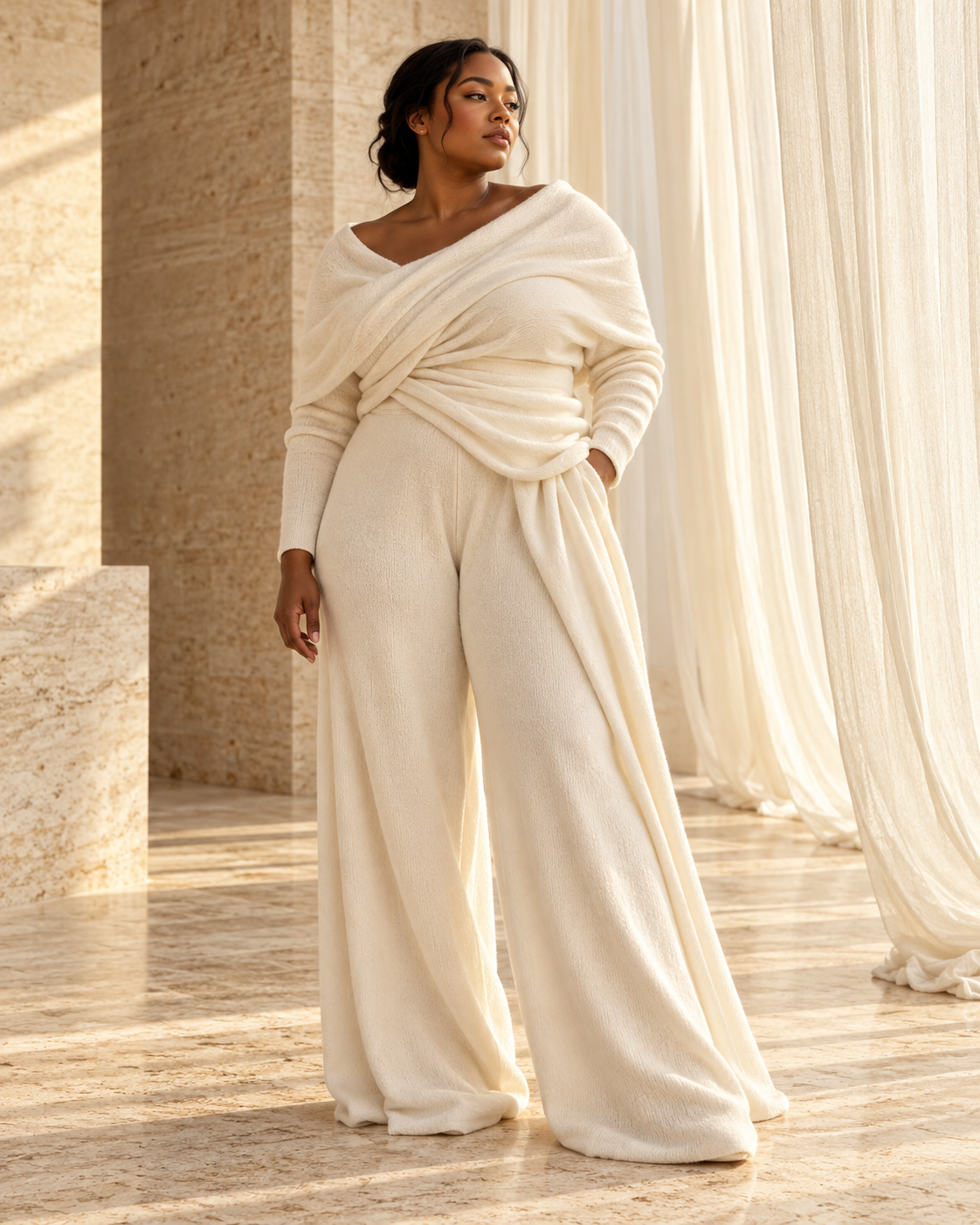 Heavenly Embrace collection study: ivory draped knit set.