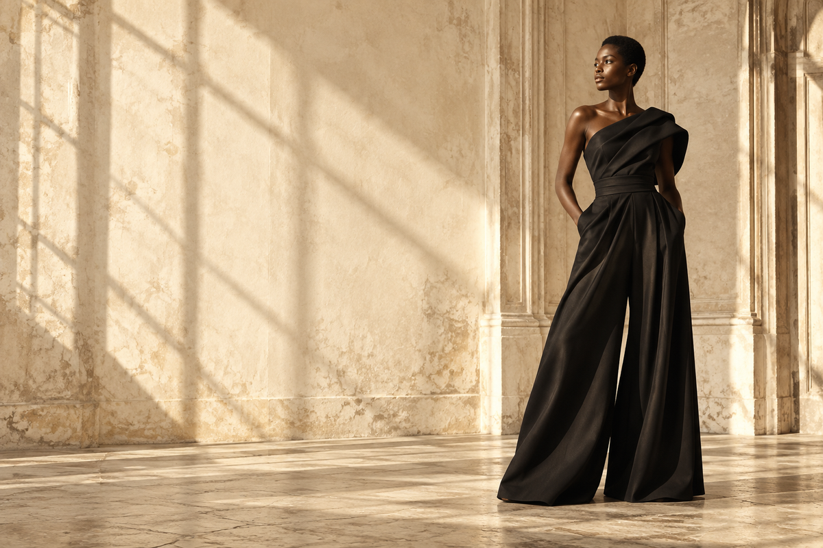 Concept editorial: sculptural black jumpsuit in a sunlit stone atelier.